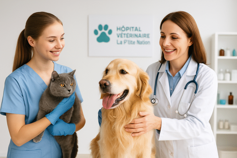 Équipe de l’Hôpital vétérinaire La P’tite Nation en consultation avec un chien et un chat